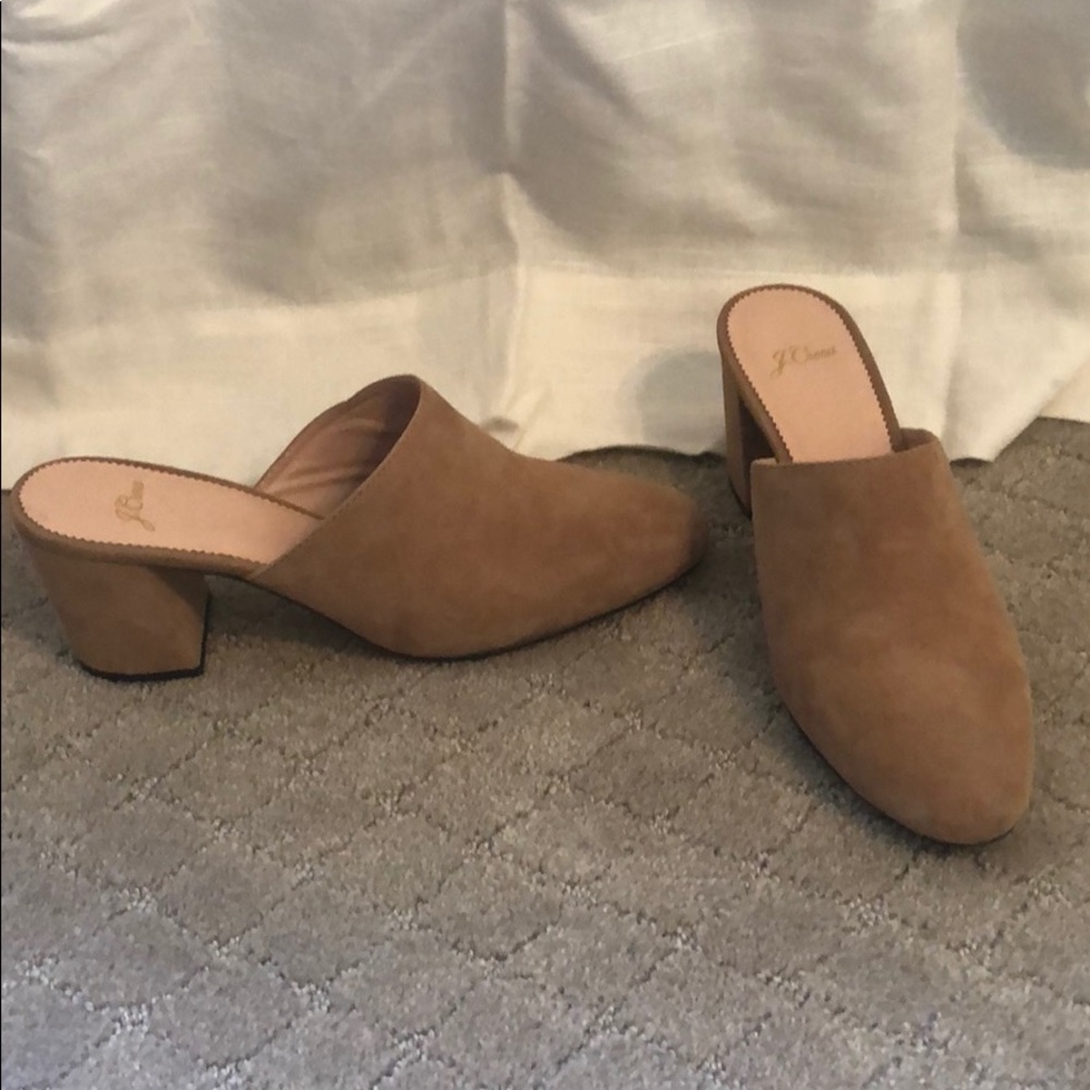 J Crew tan Suede slides